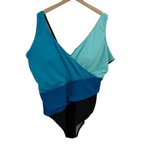 Avenue plus size color block one piece swimsuit size 24 ruched wrap bust cruise
